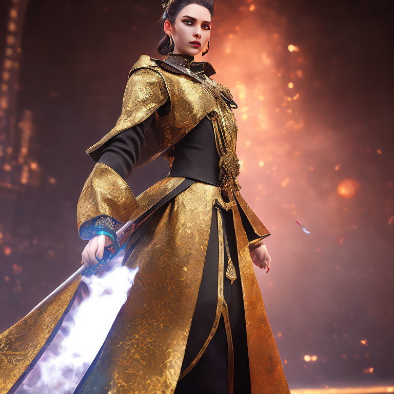 Majestic woman in gold and black outfit wields glowing blue sword