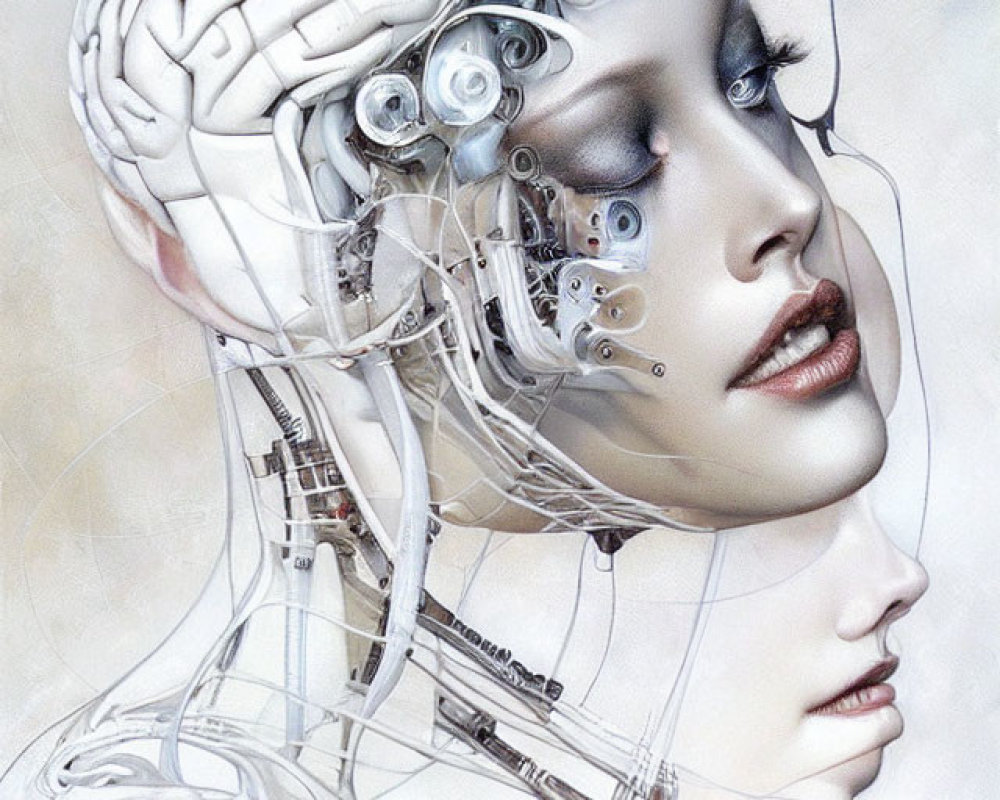 Female figure with cybernetic features and exposed brain on light backdrop