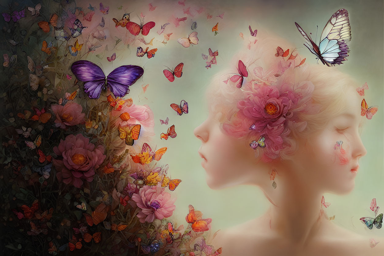 Pastel Toned Artwork: Two Female Profiles Surrounded by Butterflies and Flowers