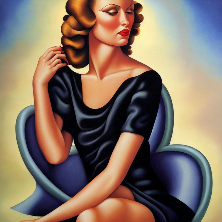 Stylized painting of seated woman in black dress with serene expression