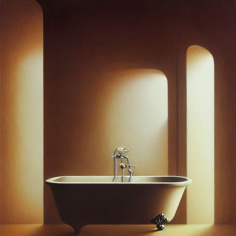 Clawfoot Bathtub in Amber-Hued Room with Arched Recesses