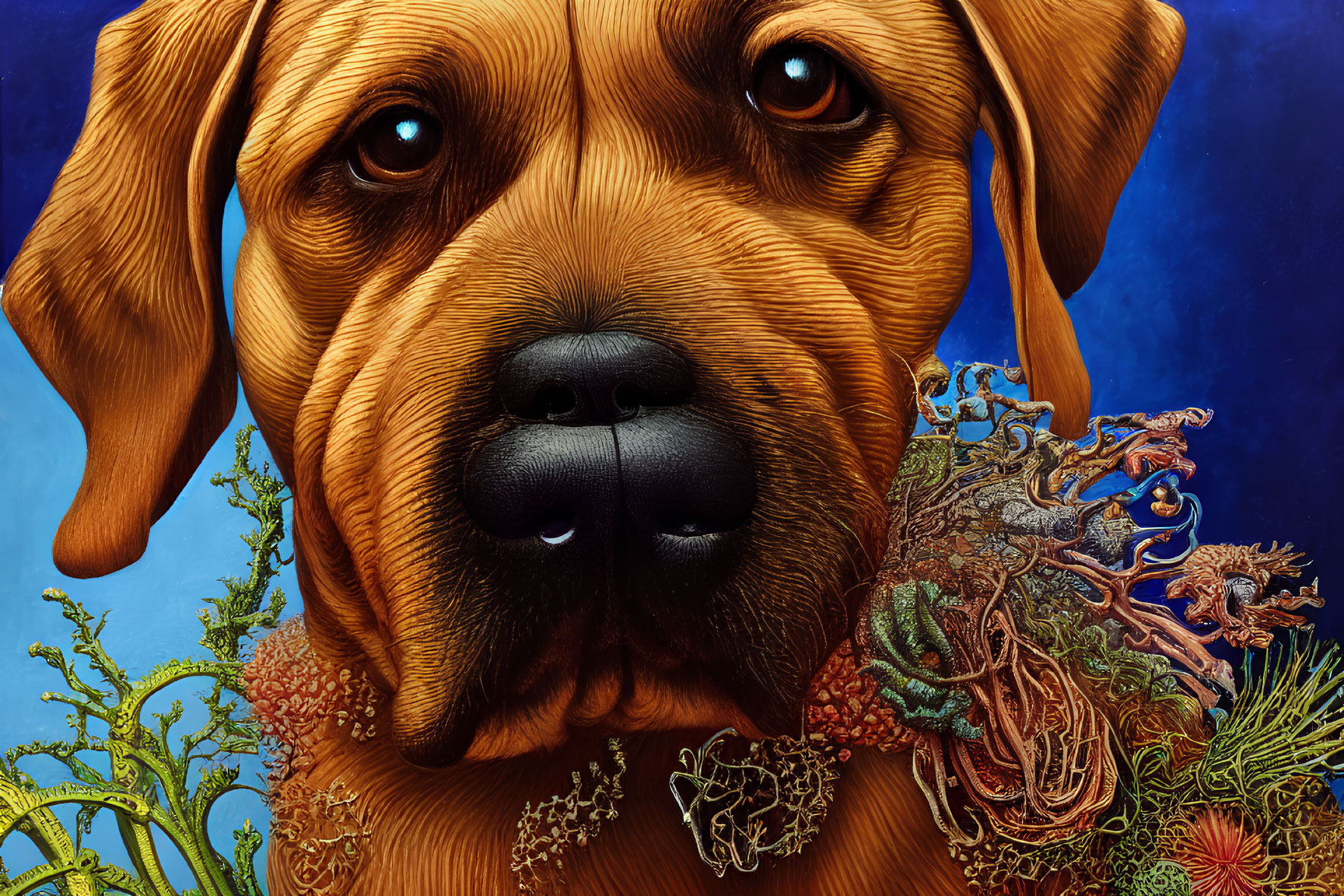 Detailed painting of a brown dog surrounded by coral and marine life