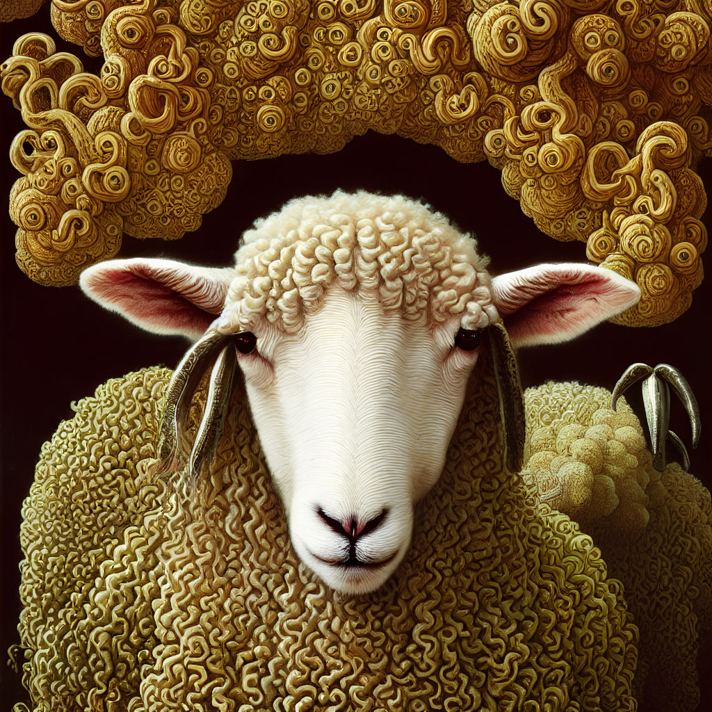 Detailed Sheep Illustration with Wool Pattern on Swirl Background