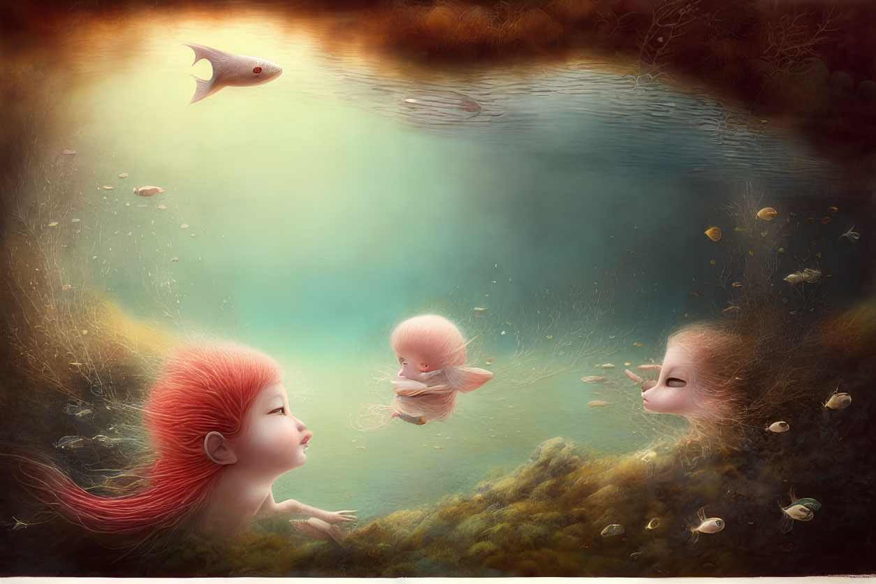 Surreal underwater scene with ethereal beings and fish in golden-lit pond