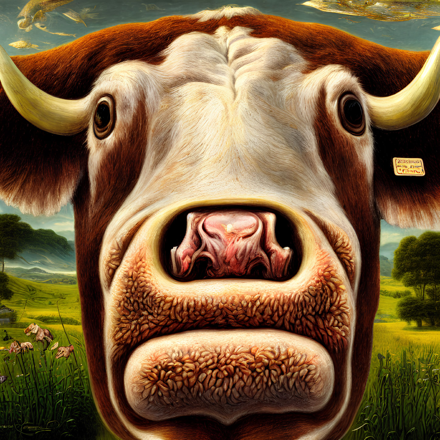 Detailed hyperrealistic cow painting with "Certified Angus Beef" logo in pastoral landscape
