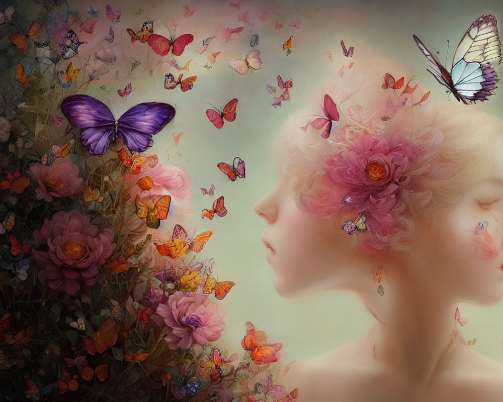 Pastel Toned Artwork: Two Female Profiles Surrounded by Butterflies and Flowers