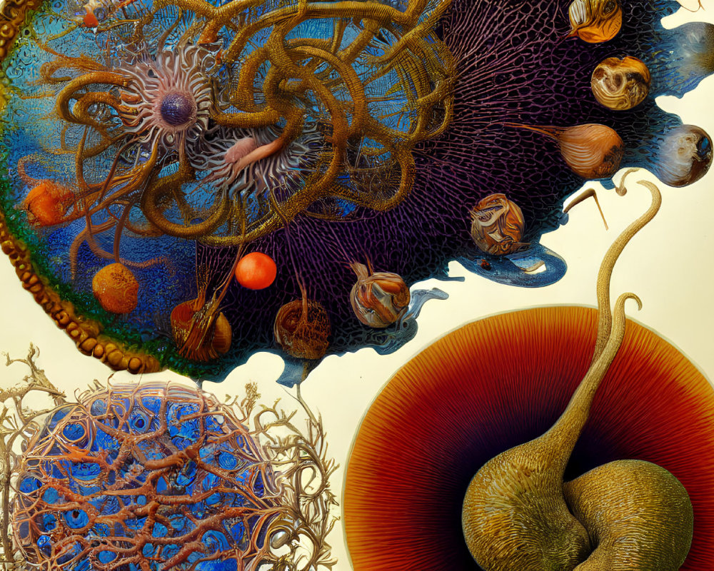Colorful abstract art with marine-inspired organic shapes and textures.