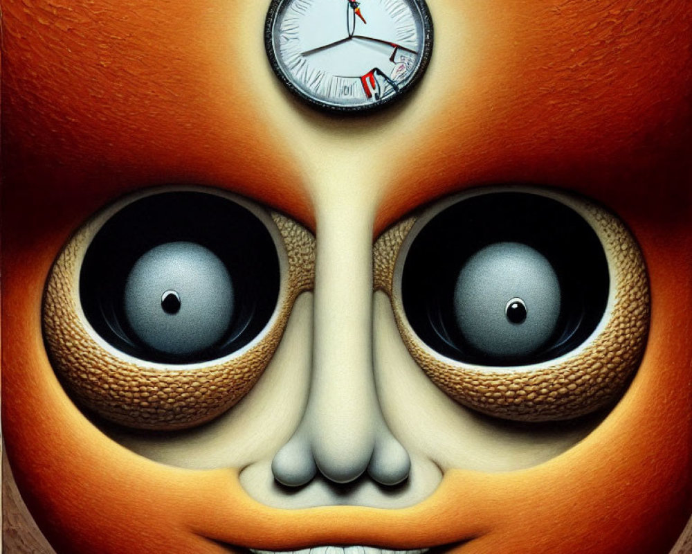 Surreal face with clock forehead and camera lens eyes on orange backdrop