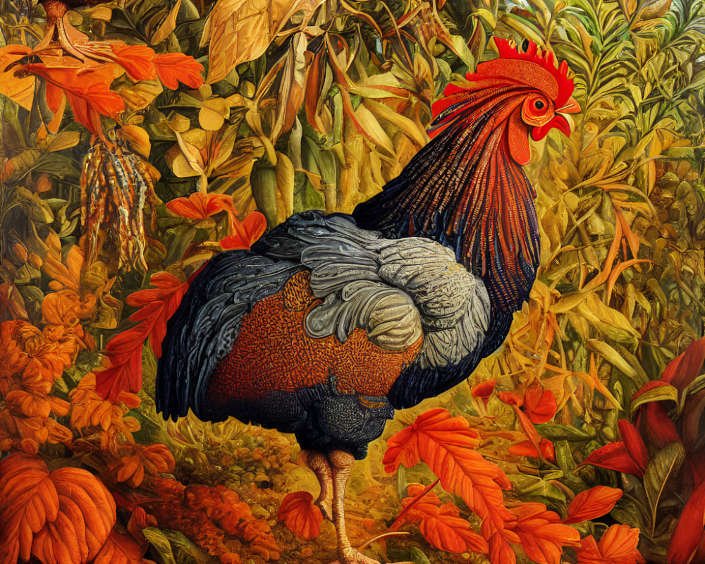 Colorful Rooster Among Orange Flowers and Green Foliage with Detailed Feathers