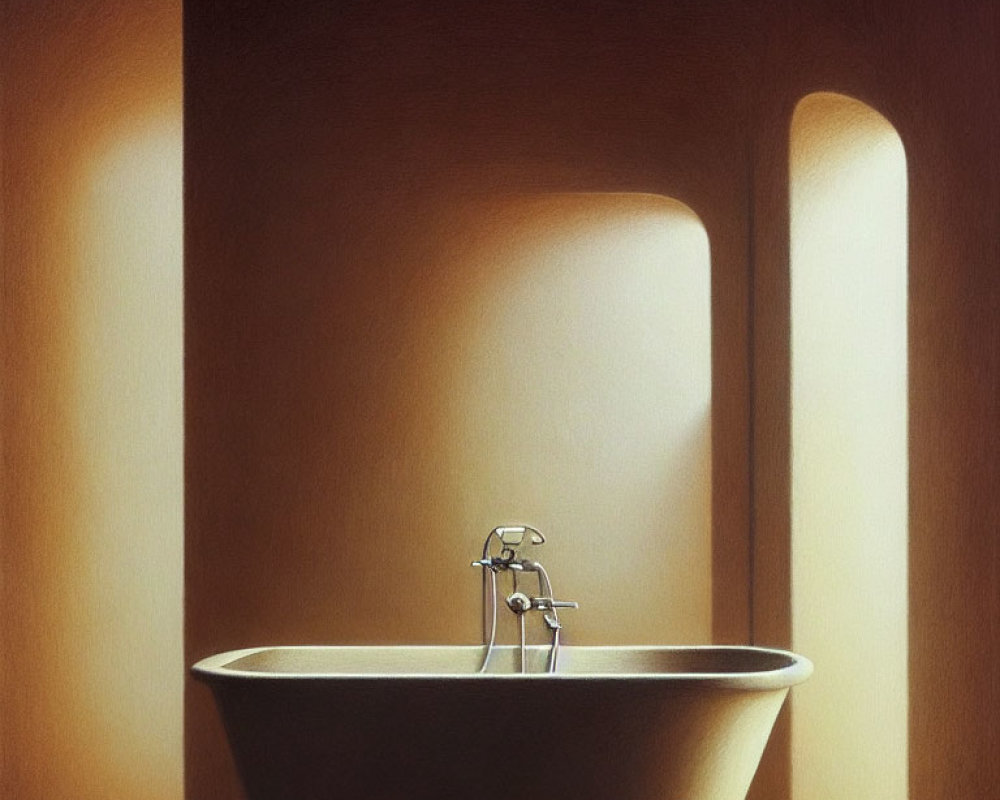 Clawfoot Bathtub in Amber-Hued Room with Arched Recesses