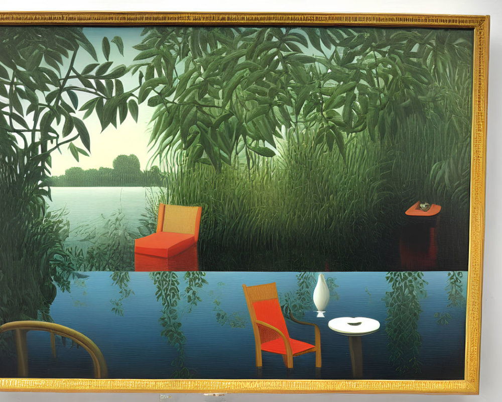 Tranquil natural scene with chair and table reflected in water