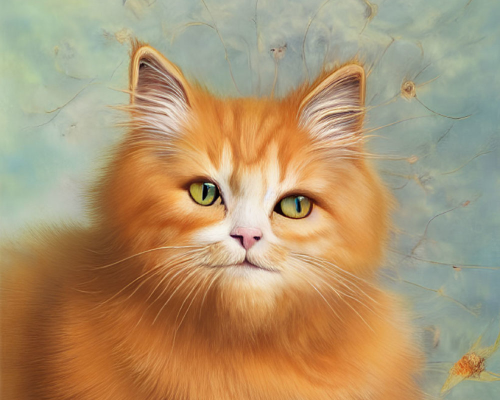 Fluffy orange cat with green eyes on abstract golden background