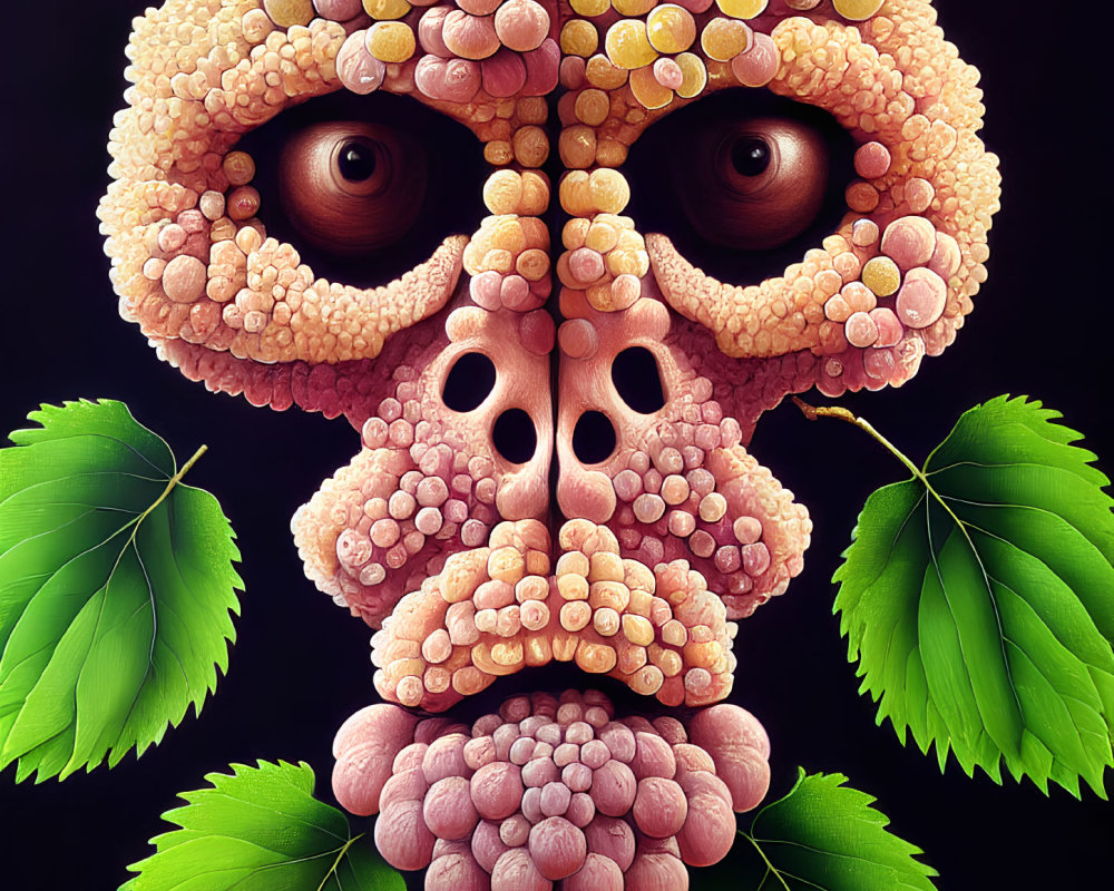Skull-shaped fruit spheres with eyes and green leaves on dark background