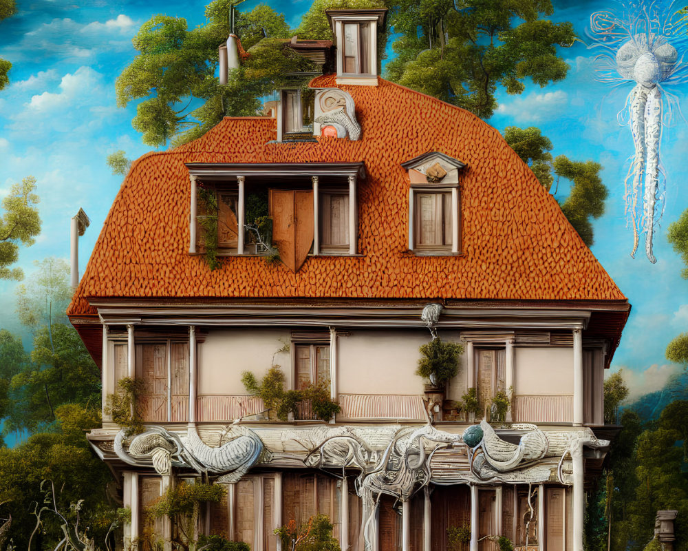 Whimsical house with ornate balconies in surreal forest scene
