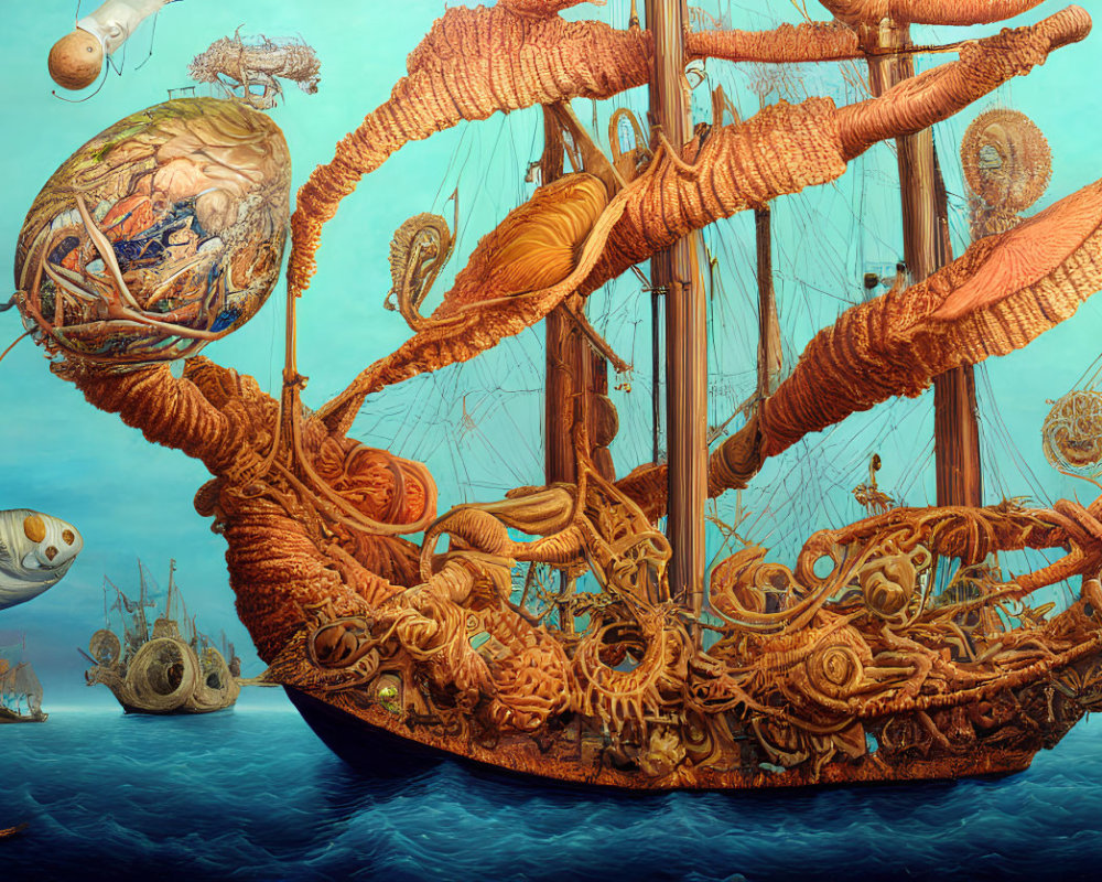 Fantasy artwork: Ship with intricate ropes & flying machines in surreal sky