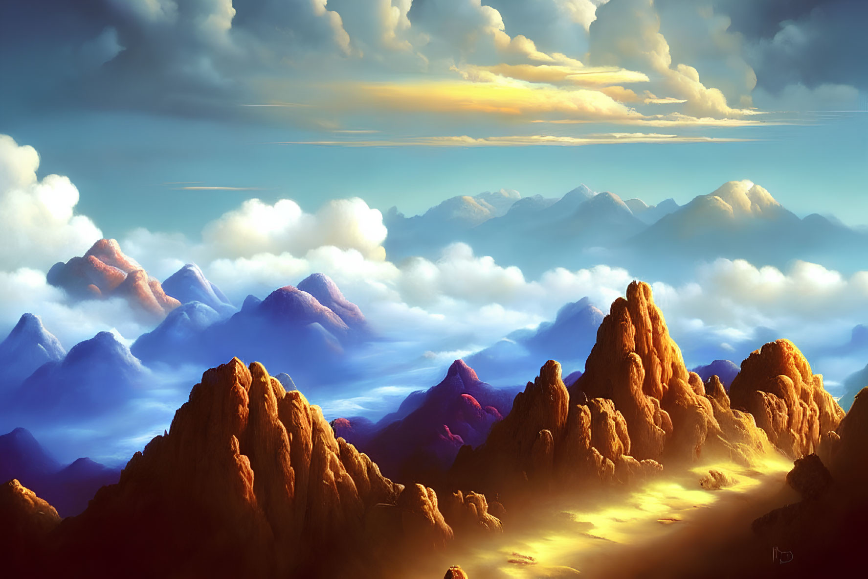 Vibrant digital artwork of dreamy landscape with towering mountains