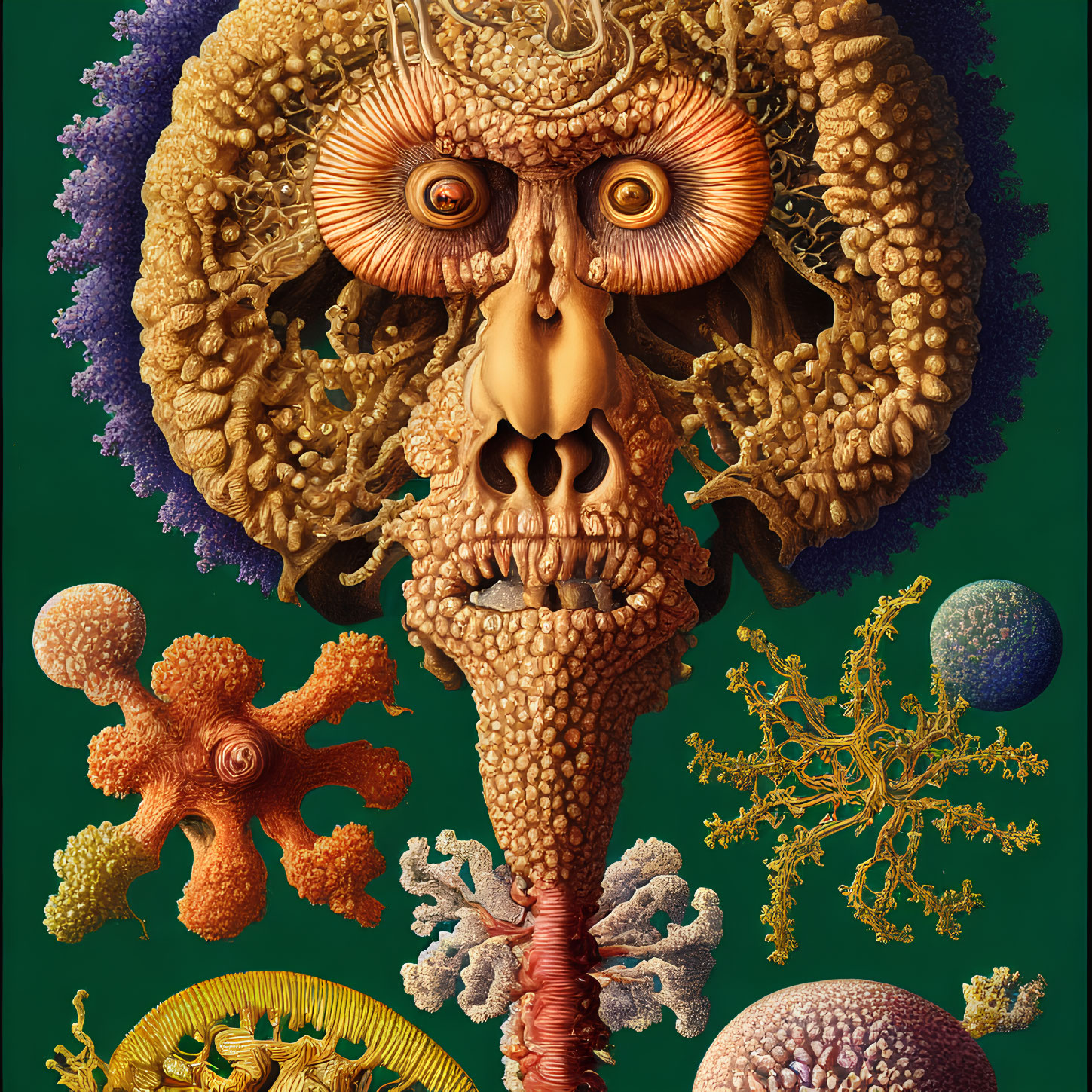 Surreal coral face illustration with marine and fantasy elements