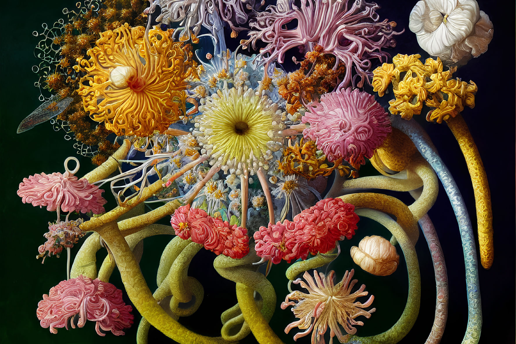Detailed Surreal Botanical Still Life Painting with Vibrant Colors