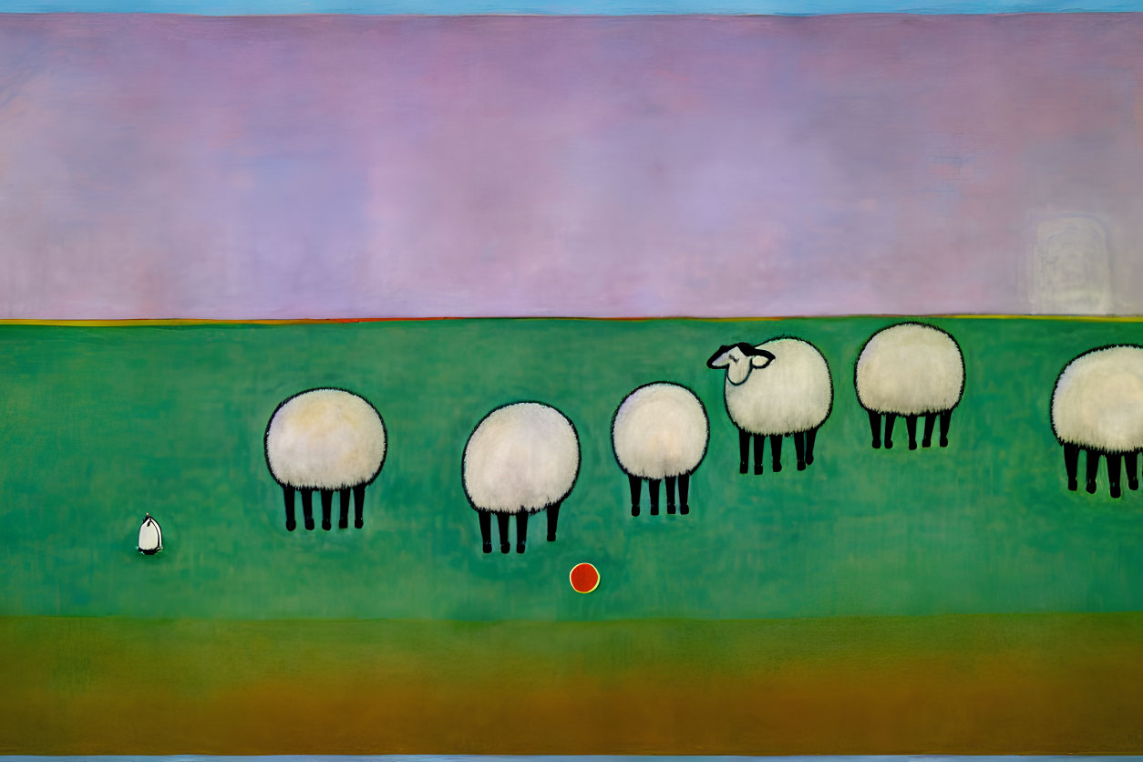 Seven stylized sheep in green field with dog and ball under colorful sky
