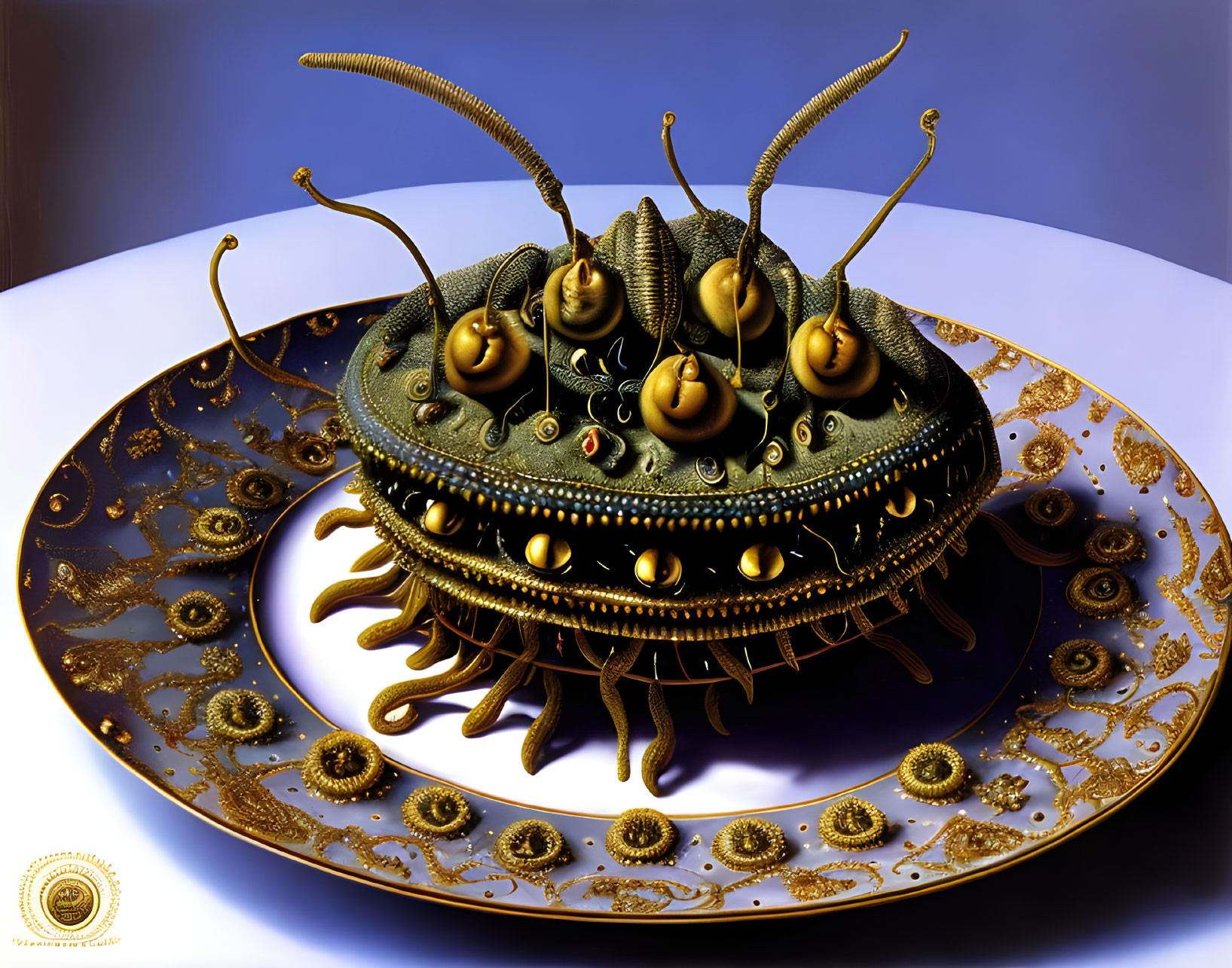 Fantastical mechanical sea urchin creature on golden plate