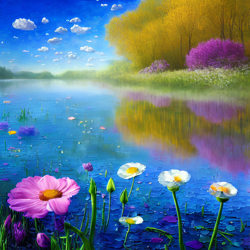 Colorful lake painting with flowers, trees, and mirrored purple blooms.