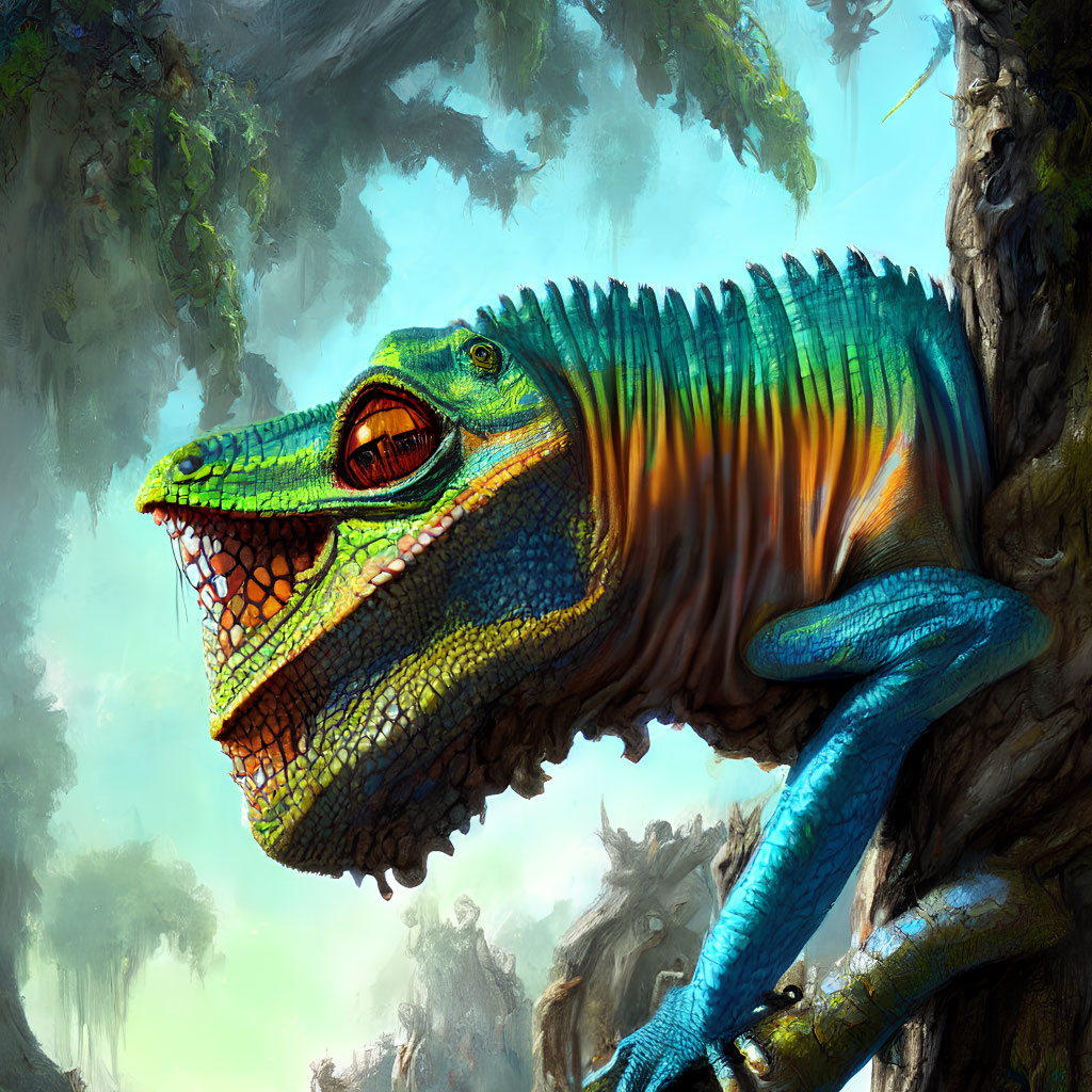 Detailed Illustration of Colorful Reptilian Dinosaur-Like Creature in Forest