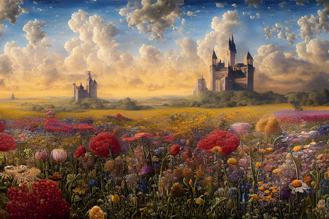 Colorful Flower Field and Castles in Golden Sunset Sky
