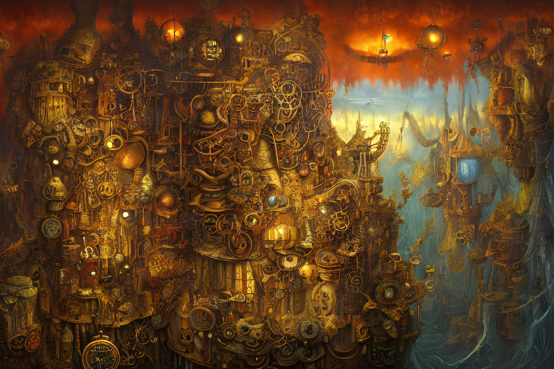 Detailed Steampunk Cityscape with Machinery, Gears, and Airships