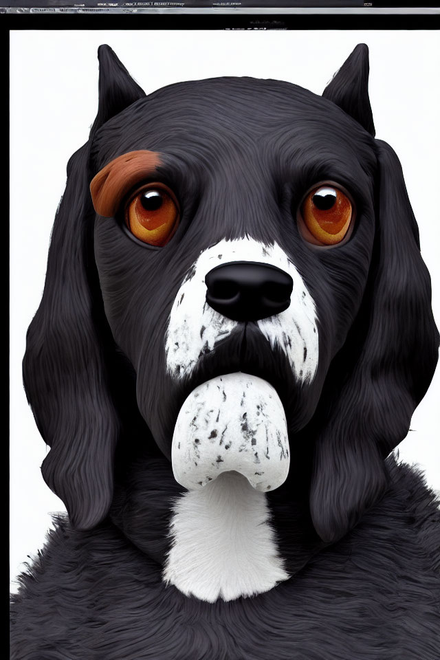 Black and white dog illustration with stern expression and bushy eyebrow