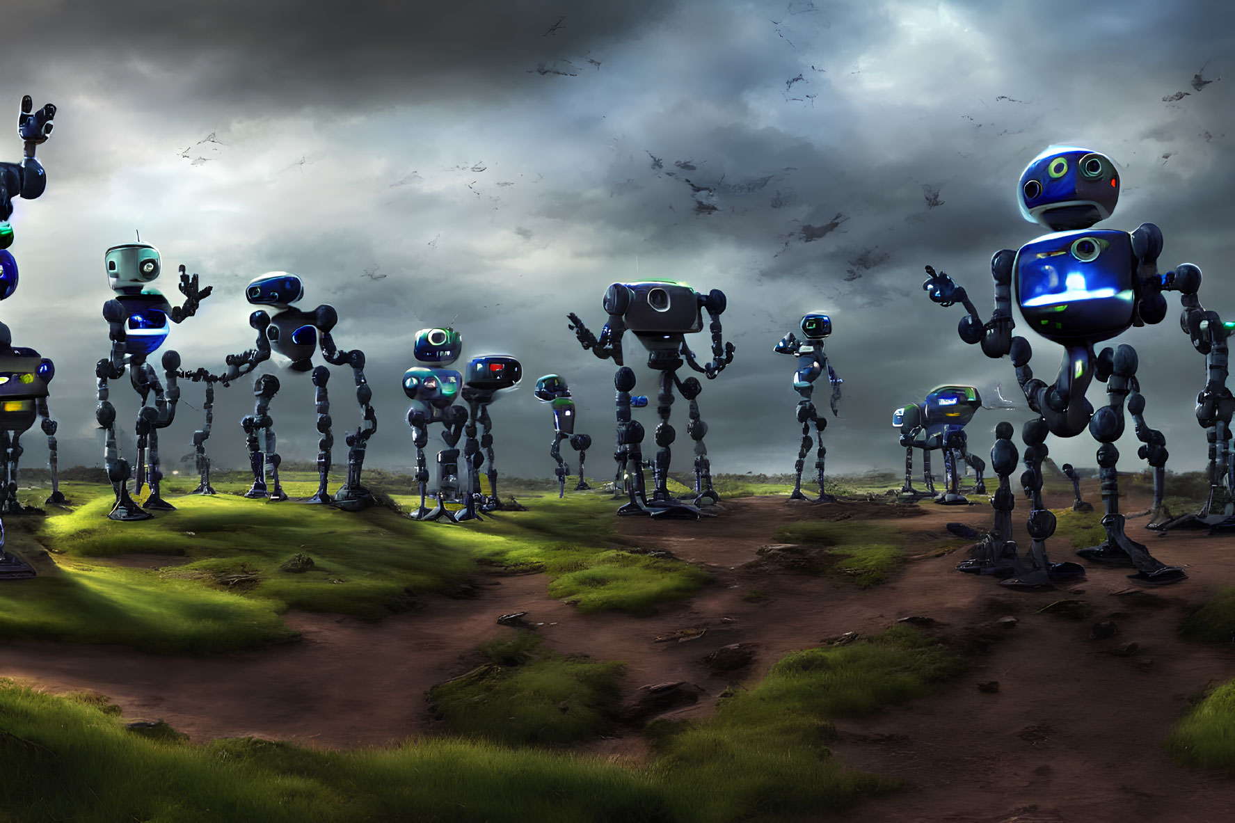 Stylized robots with expressive eyes on apocalyptic landscape