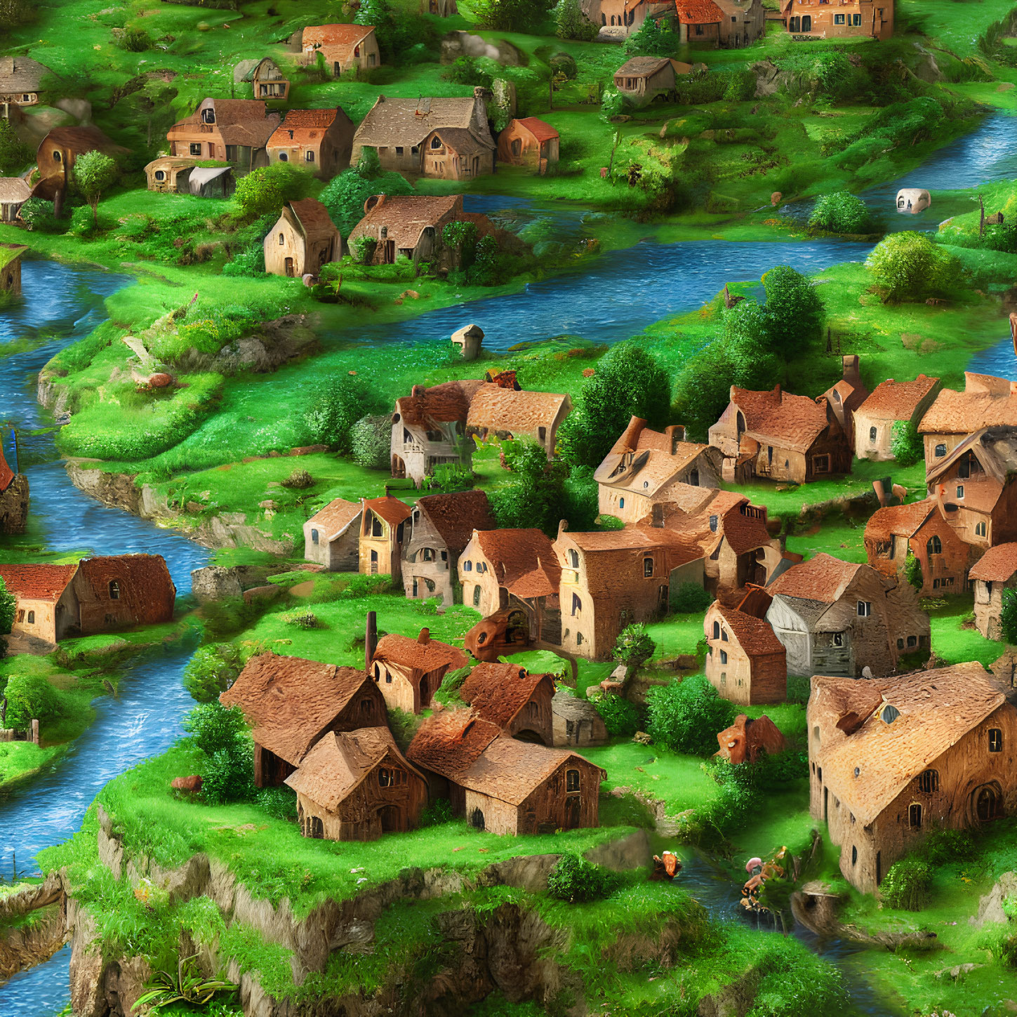 Colorful Illustration of Whimsical Village with Quaint Houses & Rivers