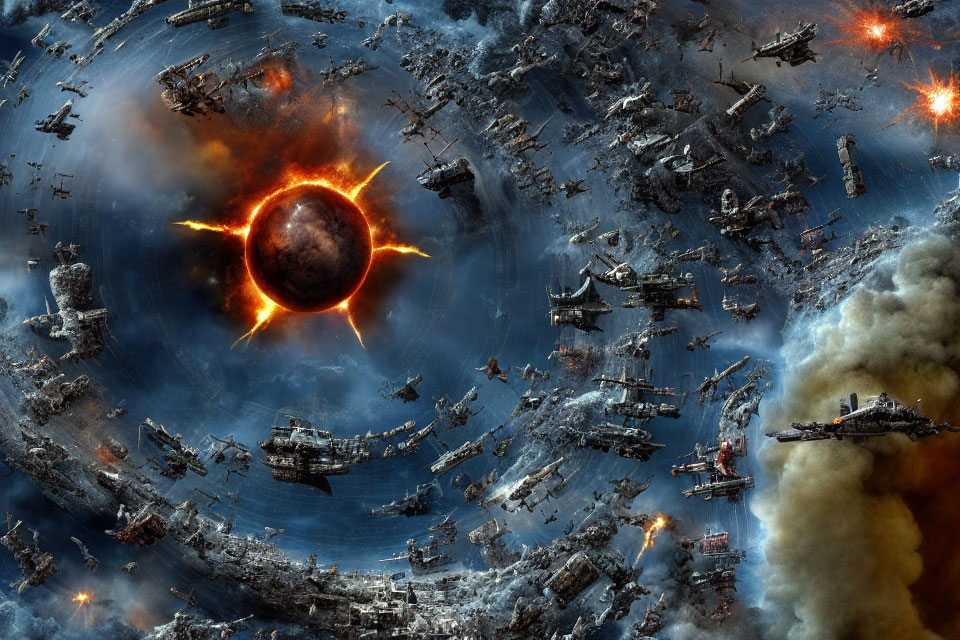 Intense space battle with wrecked ships, explosions, burning planet, and cosmic backdrop