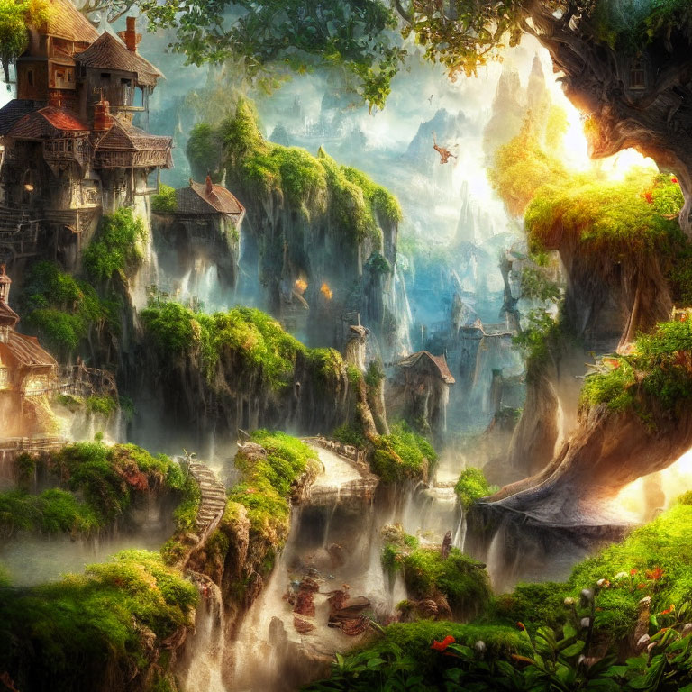 Fantasy landscape with waterfalls, tree houses, lush greenery
