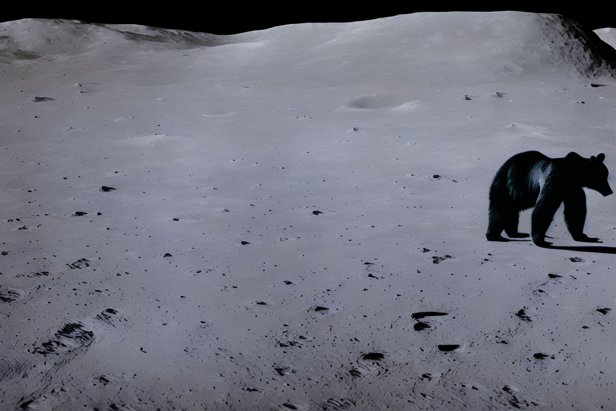 Bear silhouette on moonscape with craters and shadowed horizon.