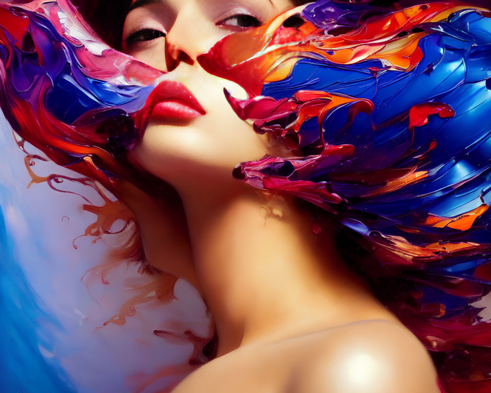Vibrant flowing colors surrounding woman with bold red lips