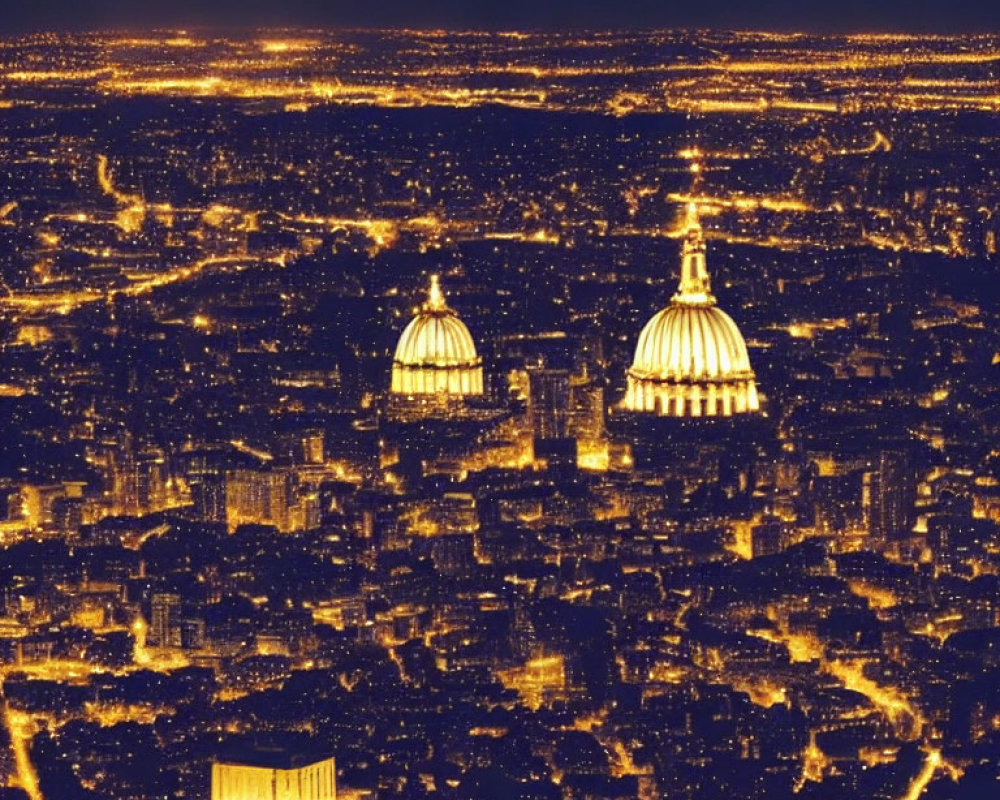 Cityscape with Illuminated Streets and Domed Buildings at Night
