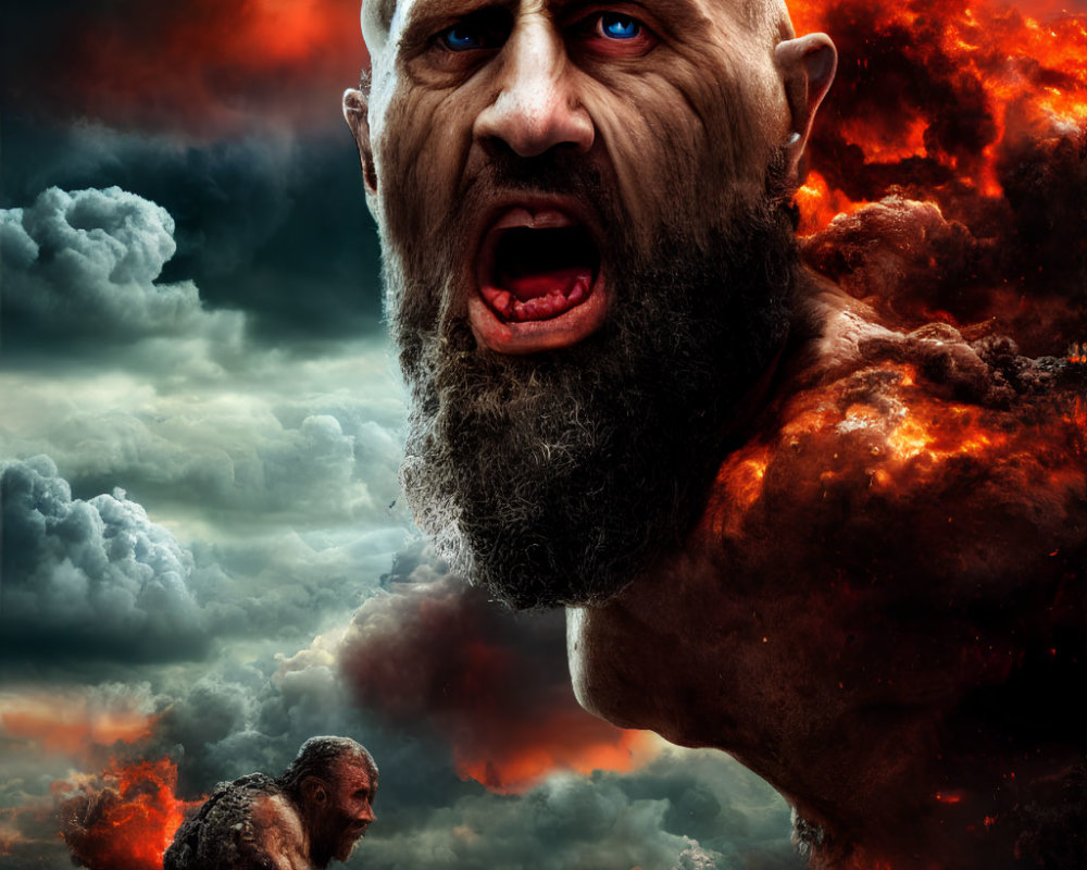 Furious bearded giant with blue eyes in fiery clouds