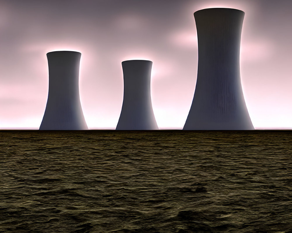 Three cooling towers under moody dusk sky with silhouetted foreground