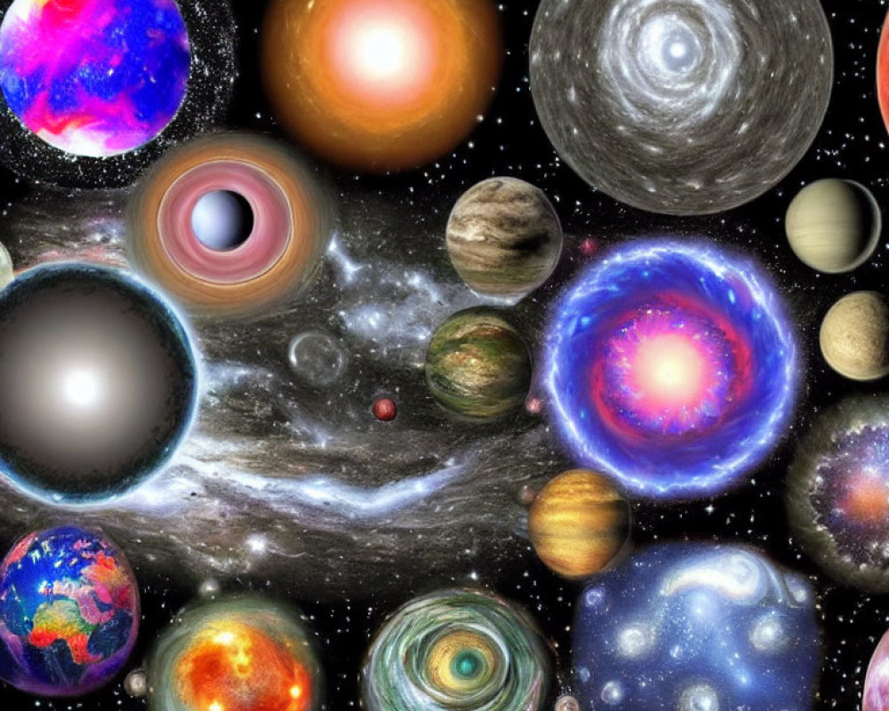 Colorful planets, galaxies, and a black hole in celestial collage