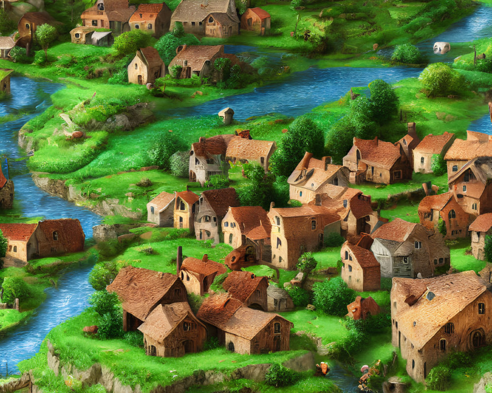 Colorful Illustration of Whimsical Village with Quaint Houses & Rivers