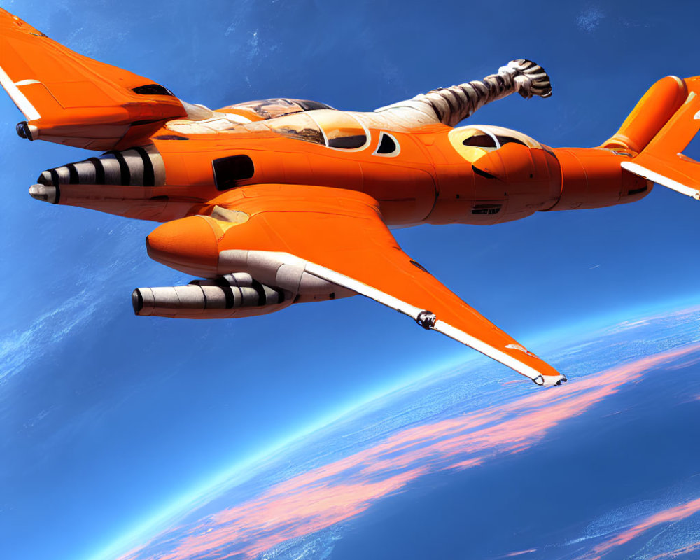 Vibrant orange spaceship with black and white stripes soaring in space above Earth and moon
