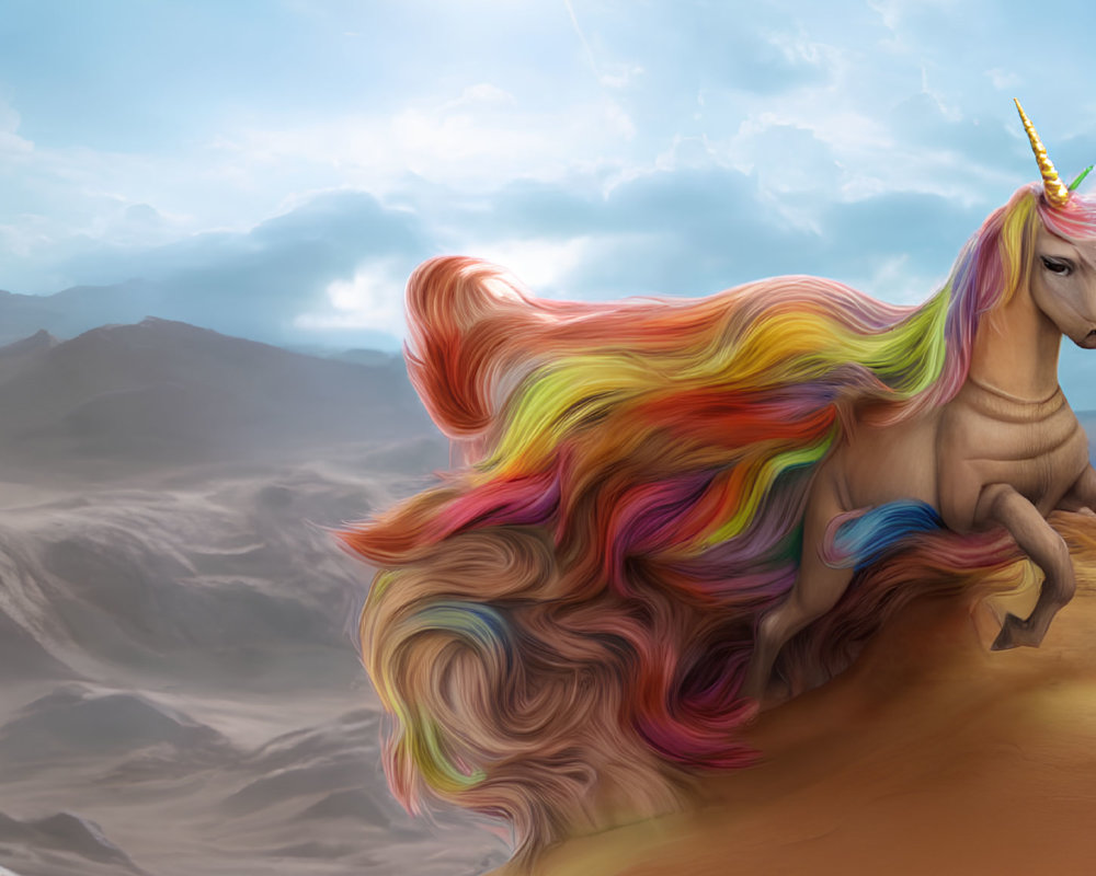 Majestic unicorn with rainbow mane on mountain terrain