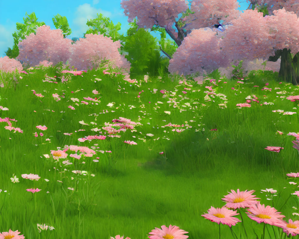 Lush green grass, pink wildflowers, cherry blossom trees in vibrant spring scene
