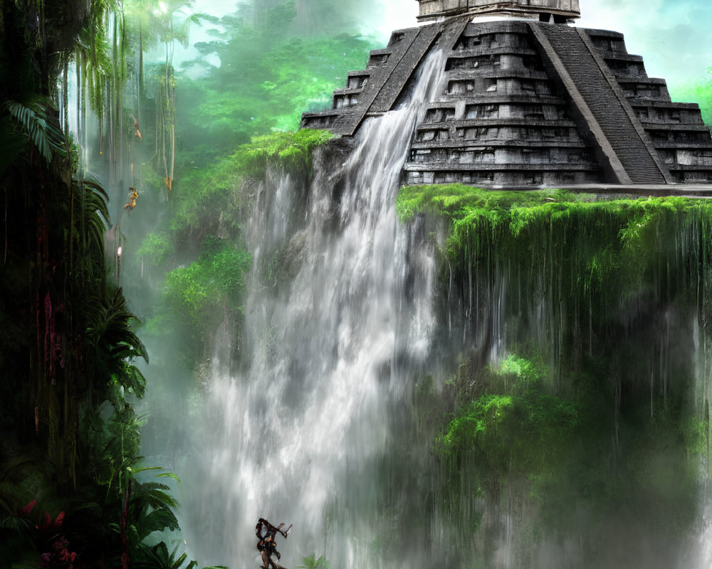 Ancient pyramid near waterfall with lush greenery and lone figure