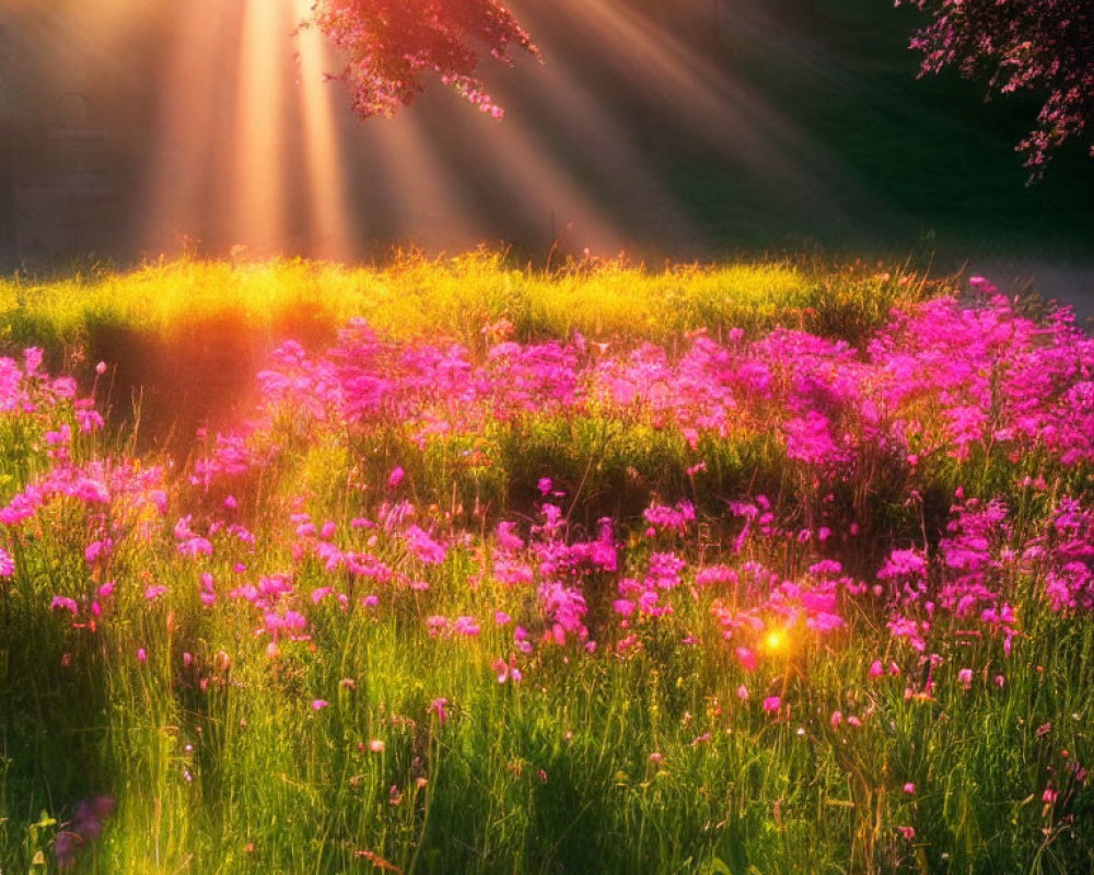 Sunbeams shining on pink flowers and green grass in a dreamy scene