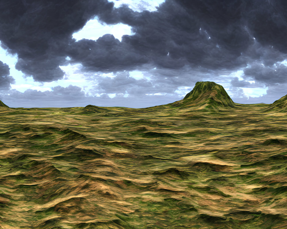 Panoramic alien landscape: green hills, dark sky