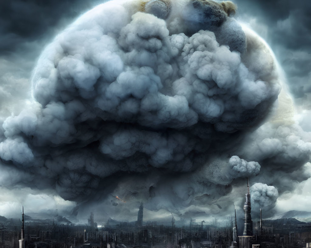 Gigantic ominous mushroom cloud over dark dystopian cityscape