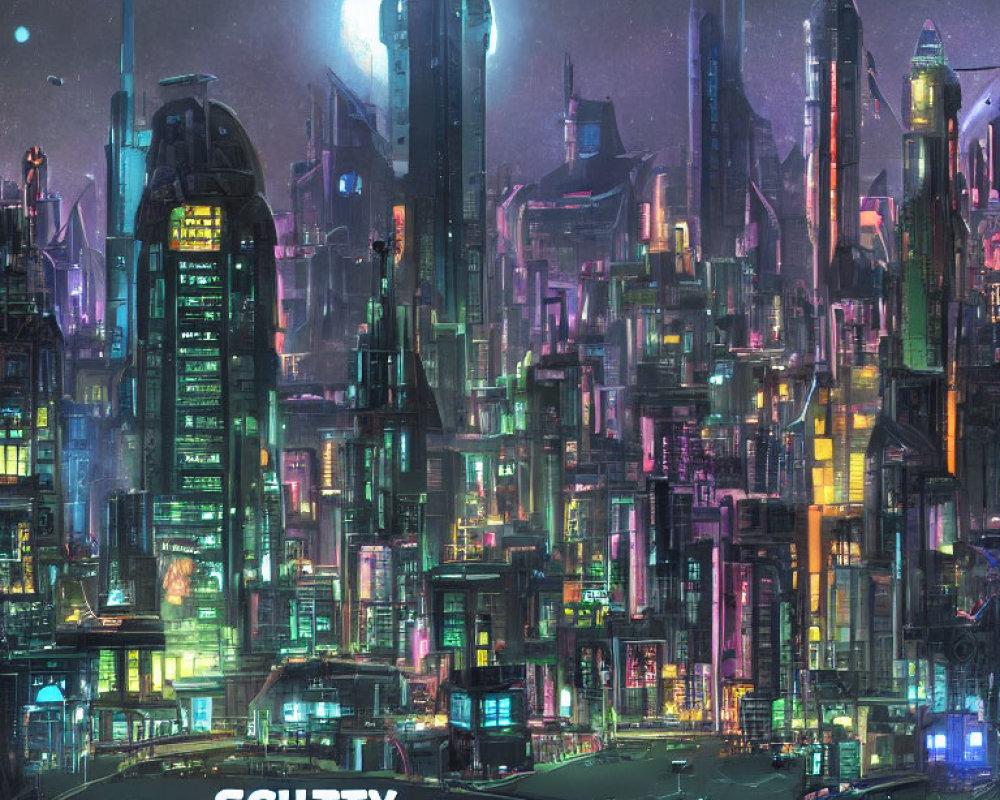 Futuristic Night Cityscape with Neon Lights and Skyscrapers