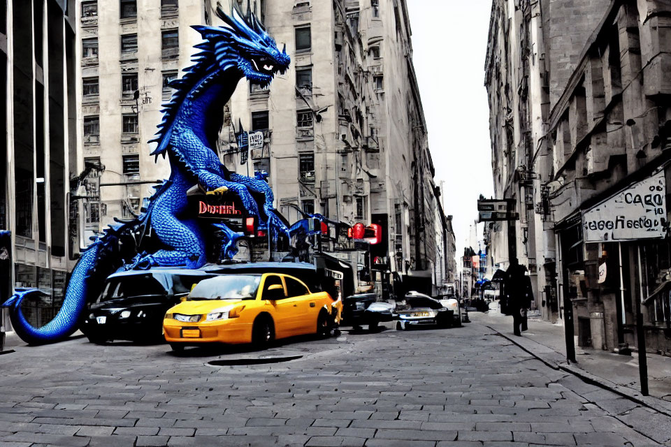 Blue Dragon Sculpture on Bus in Monochromatic City Street