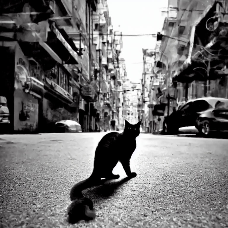 Black cat in urban street with blurred buildings and cars